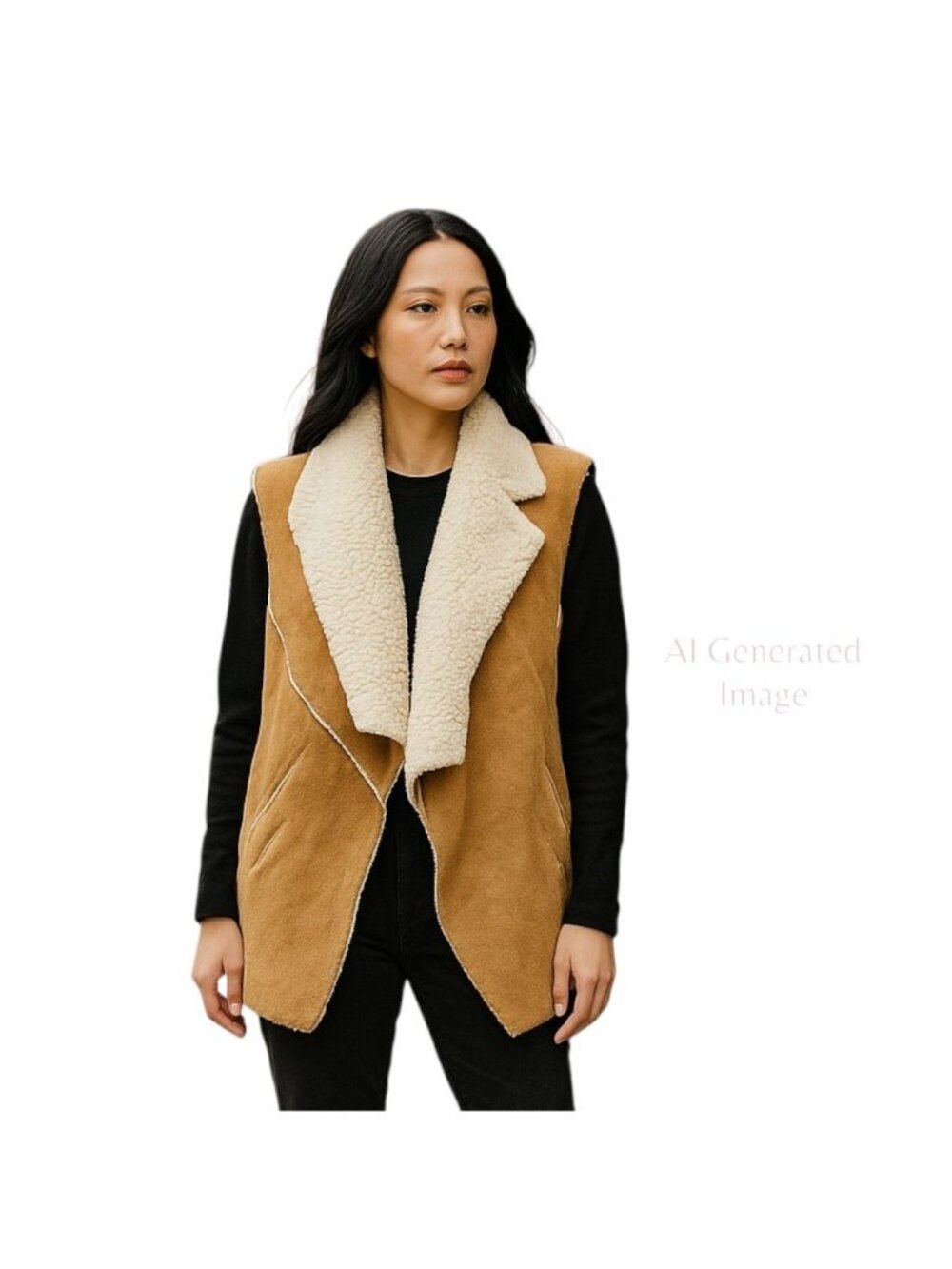 Lucky & Blessed  Womens Tan Boho Open Front Pockets Sherpa Lined Vest Sz 2X / 3X